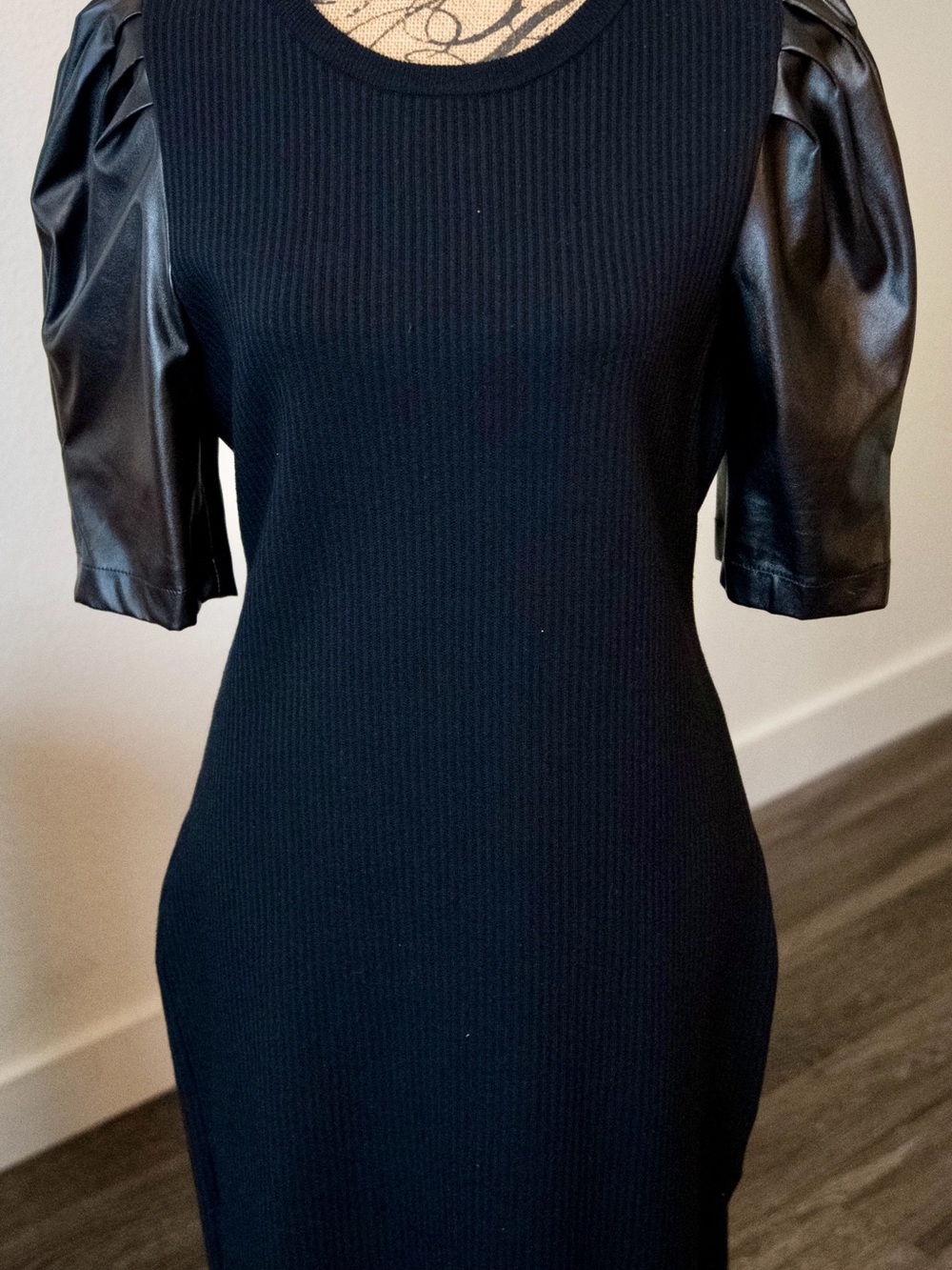 Bar III Black Ribbed Dress with Faux-Leather Puff Sleeves